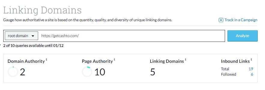 Getcashto domain authority